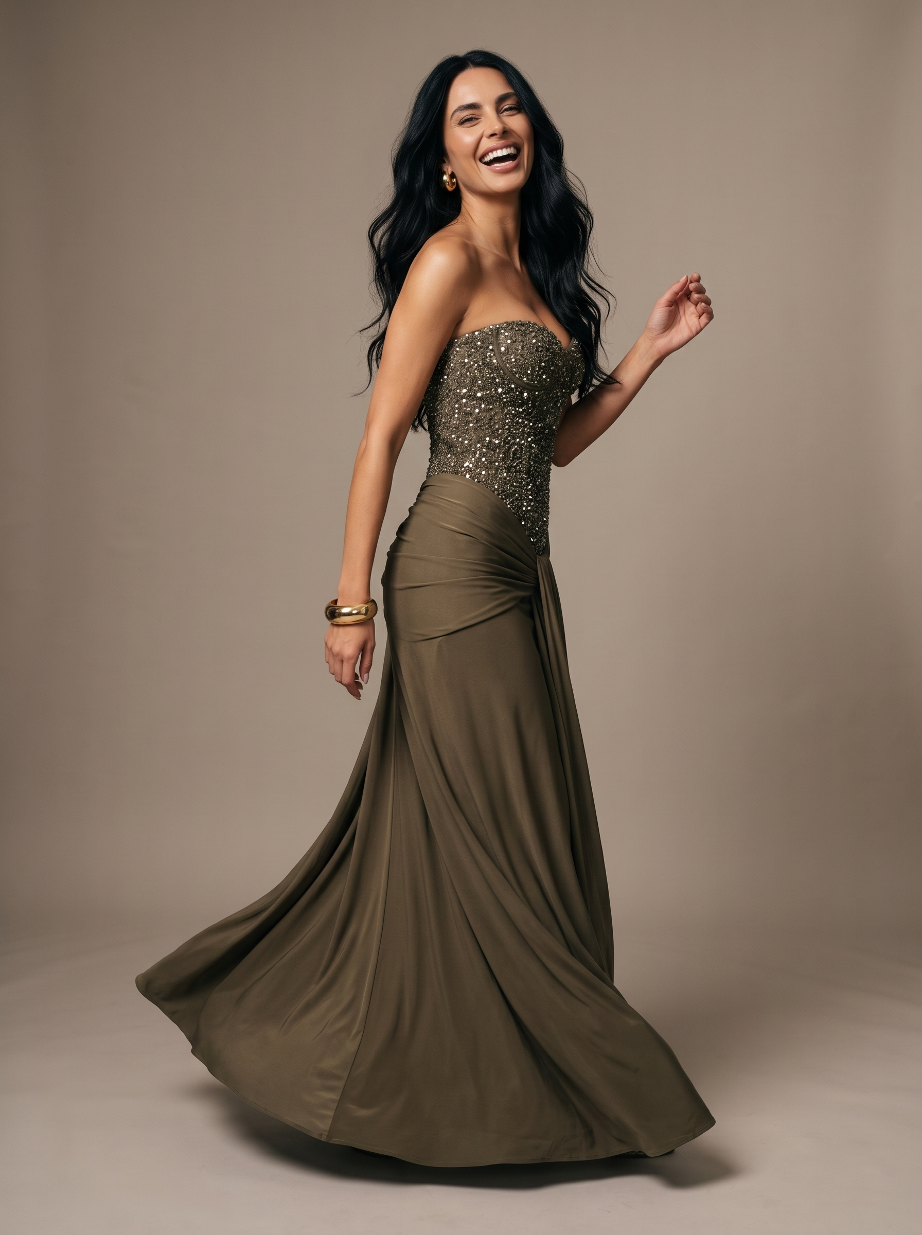 HENLEY | STRAPLESS EVENING GOWN - Khaki