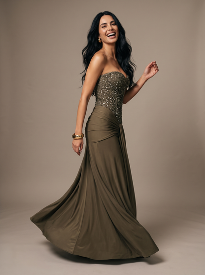 HENLEY | STRAPLESS EVENING GOWN - Khaki