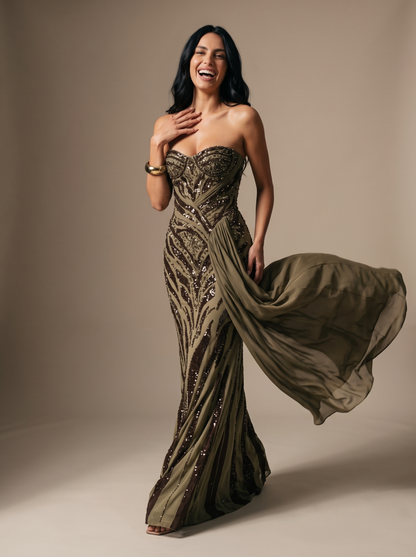HENLEY | STRAPLESS EVENING GOWN - Khaki