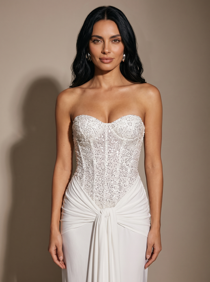 HENLEY | STRAPLESS EVENING GOWN - White, close up