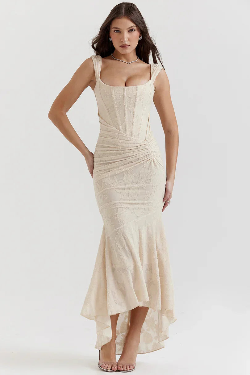 NUMIDA | SQUARE NECK CORSET MAXI DRESS - Beige