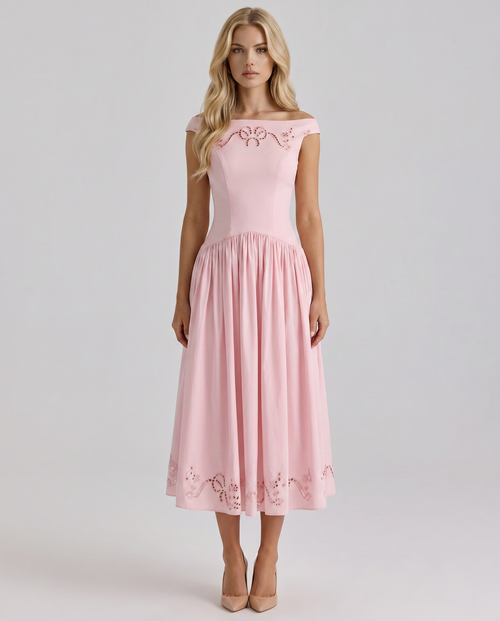 ORLA | EMBROIDERED BOAT MIDI DRESS - Pink