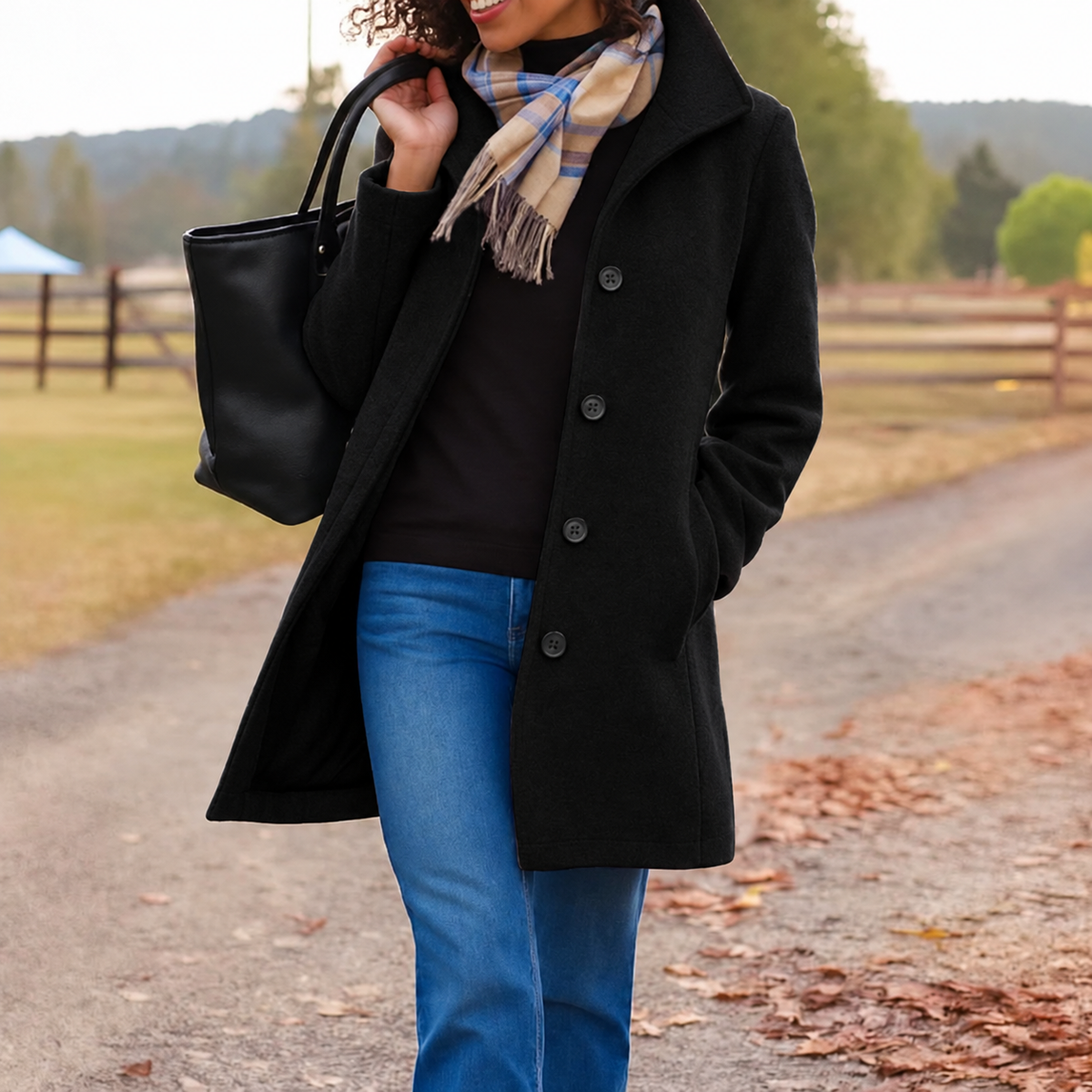 ADAH | STAND COLLAR BUTTON FRONT COAT - Black