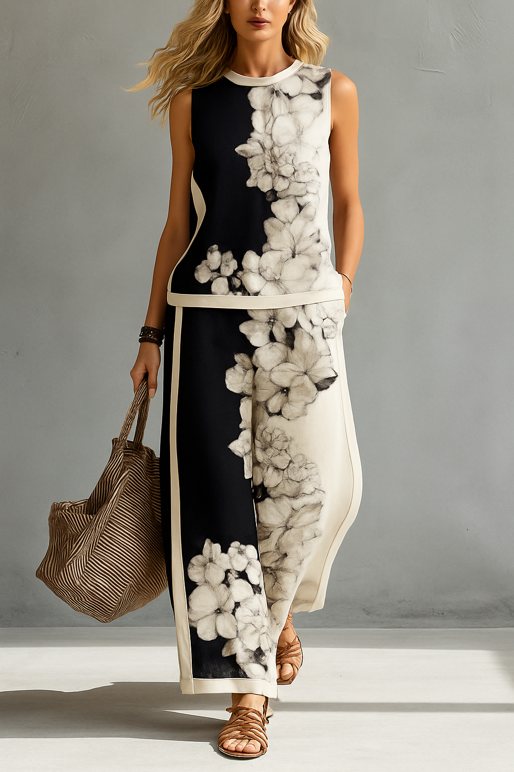 ADARA | SLEEVELESS FLORAL WIDE LEG PANT SET - Black and Ivory Floral