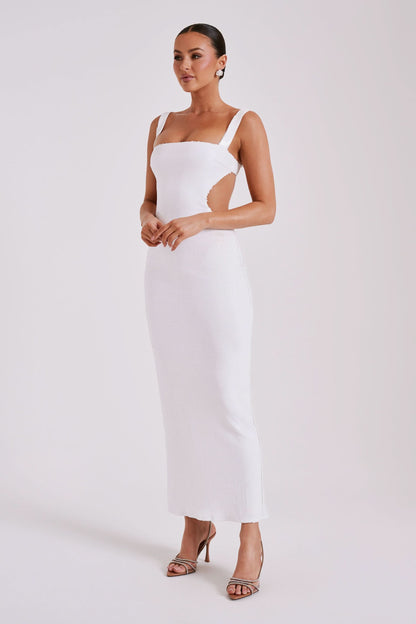 White ribbed maxi dress with square neckline and side cutout