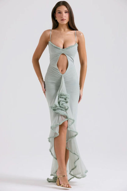 Sage green maxi dress with sweetheart neckline and asymmetrical ruffled train