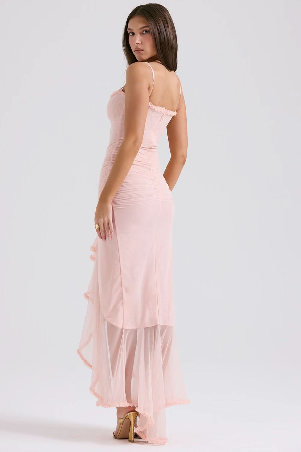 Blush pink maxi dress back view with thin straps and ruched details