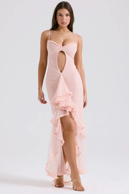 Blush pink maxi dress front view with keyhole cutout and layered ruffled skirt