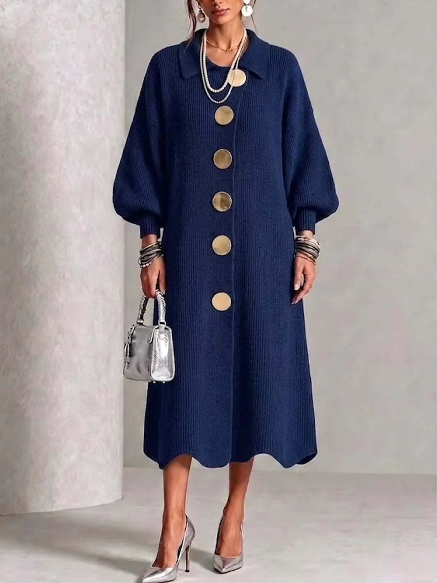 AELIANA | BUTTON-FRONT MIDI DRESS - Navy Blue
