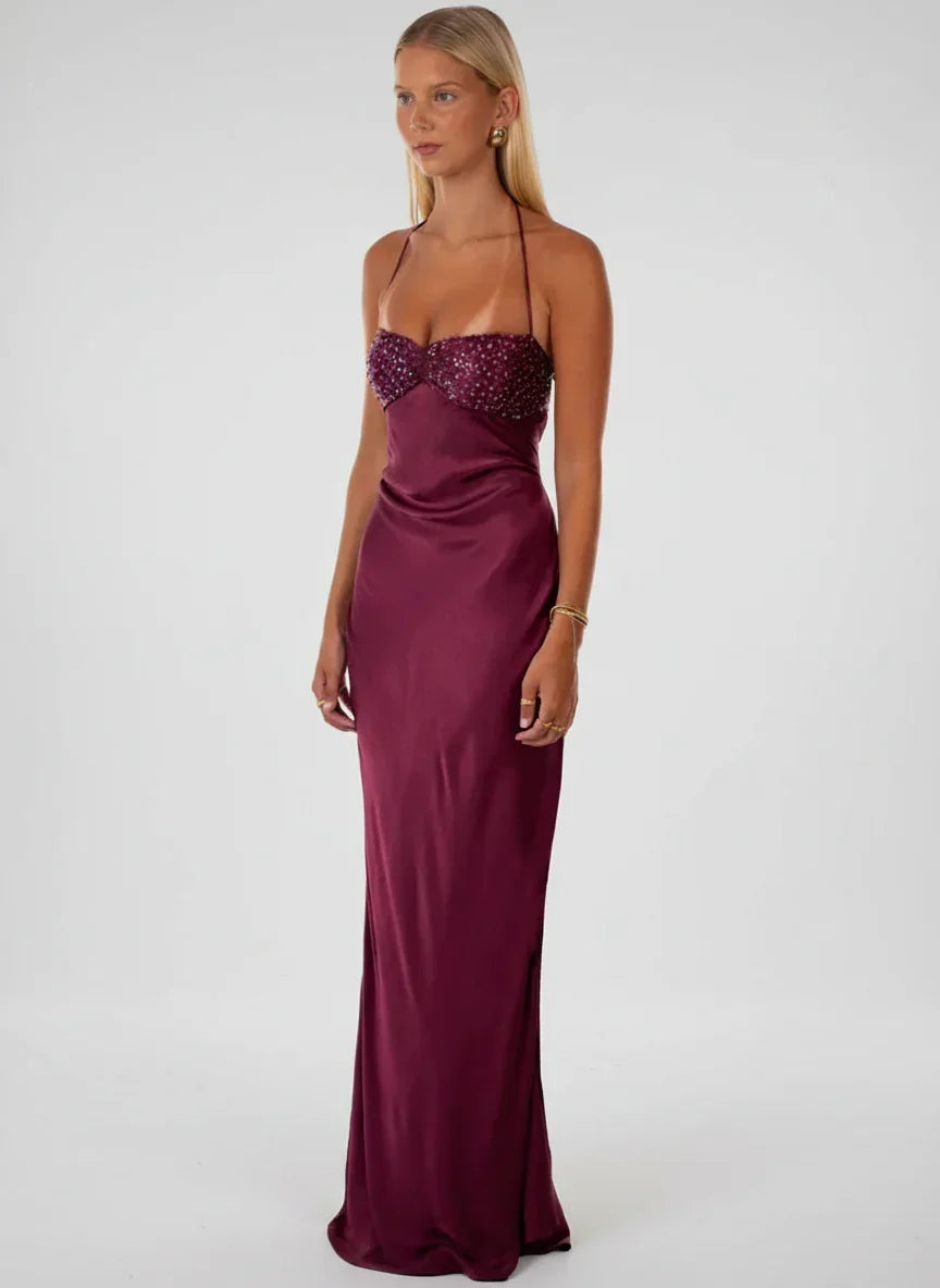 AELINE | HALTER MAXI DRESS - Burgundy