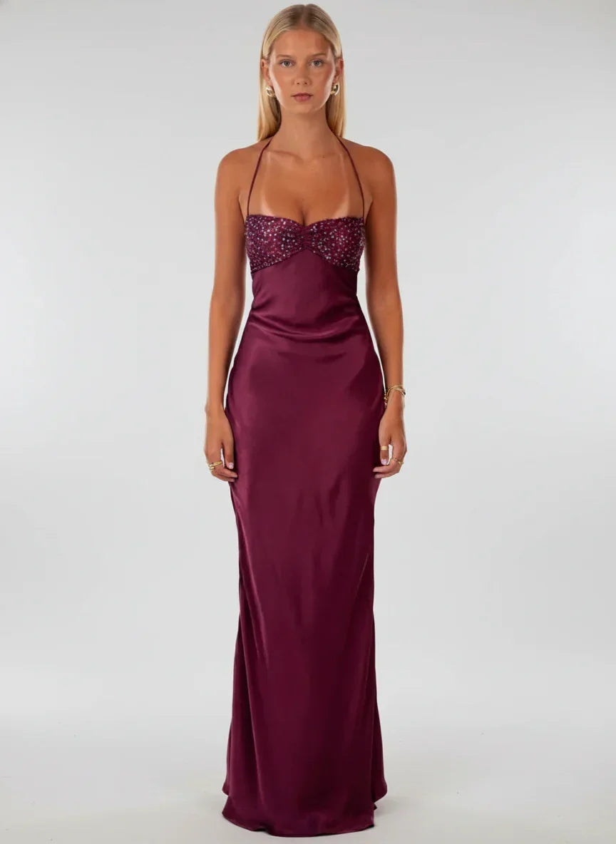 AELINE | HALTER MAXI DRESS - Burgundy