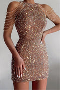 AGATHE | SEQUIN CHAIN SHOULDER MINI DRESS - Champagne