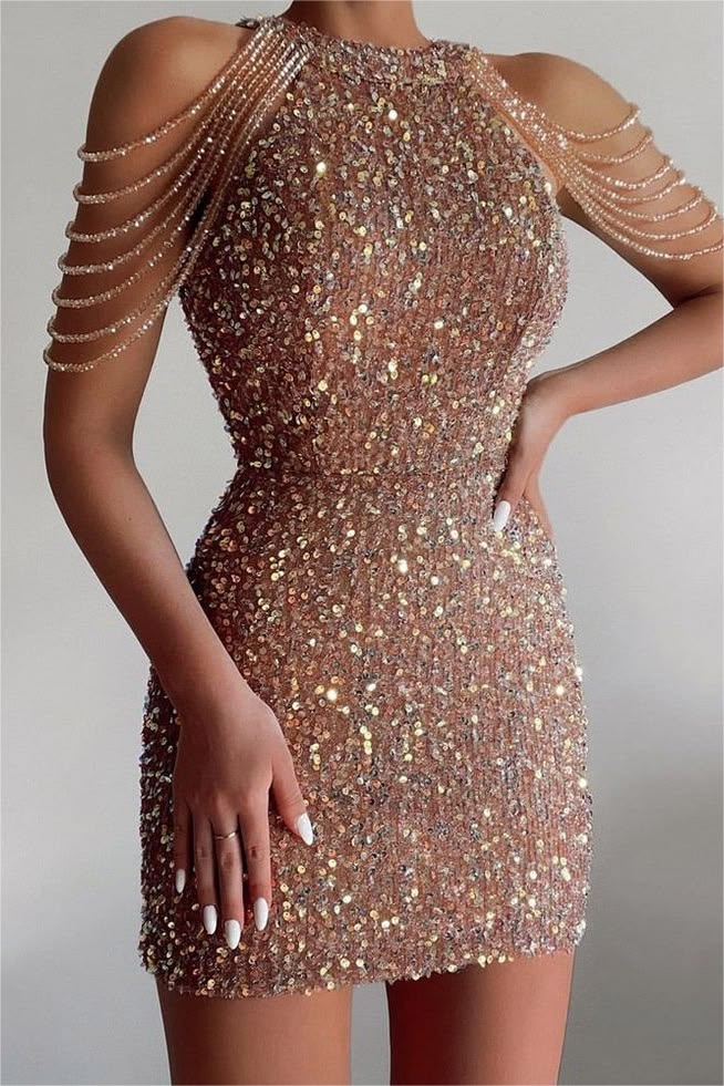 AGATHE | SEQUIN CHAIN SHOULDER MINI DRESS - Champagne