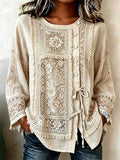 AISLING | FRINGE TRIM EMBROIDERED BLOUSE - Beige