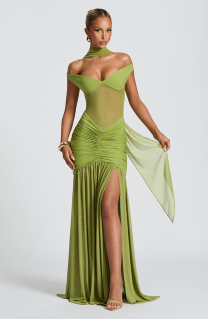 Lime green off-shoulder maxi dress with ruched waist and flowing train