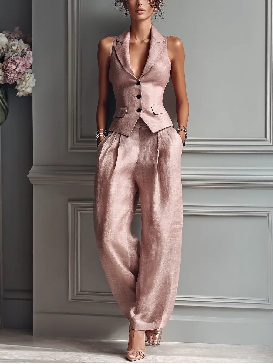 ALAMEDA | LINEN VEST PANT SET - Dusty Pink