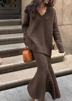 ALETA | V-NECK KNIT SWEATER SKIRT SET - Chocolate Brown