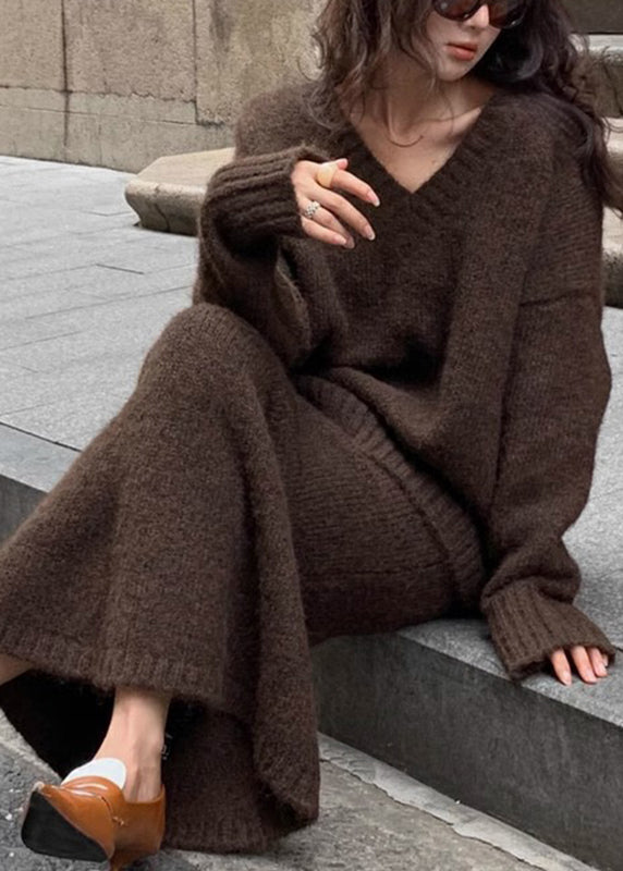 ALETA | V-NECK KNIT SWEATER SKIRT SET - Chocolate Brown