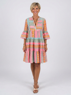 ALETTA | GEOMETRIC PRINT TIERED MINI DRESS - Pink and Sage Geometric