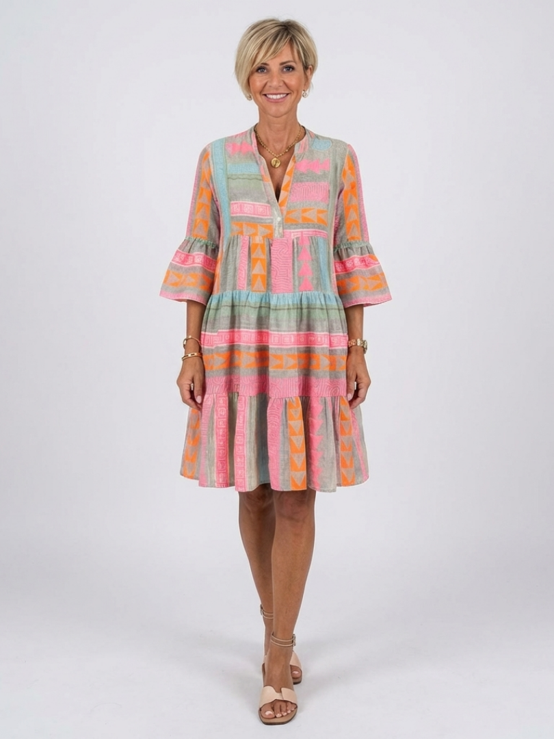 ALETTA | GEOMETRIC PRINT TIERED MINI DRESS - Pink and Sage Geometric