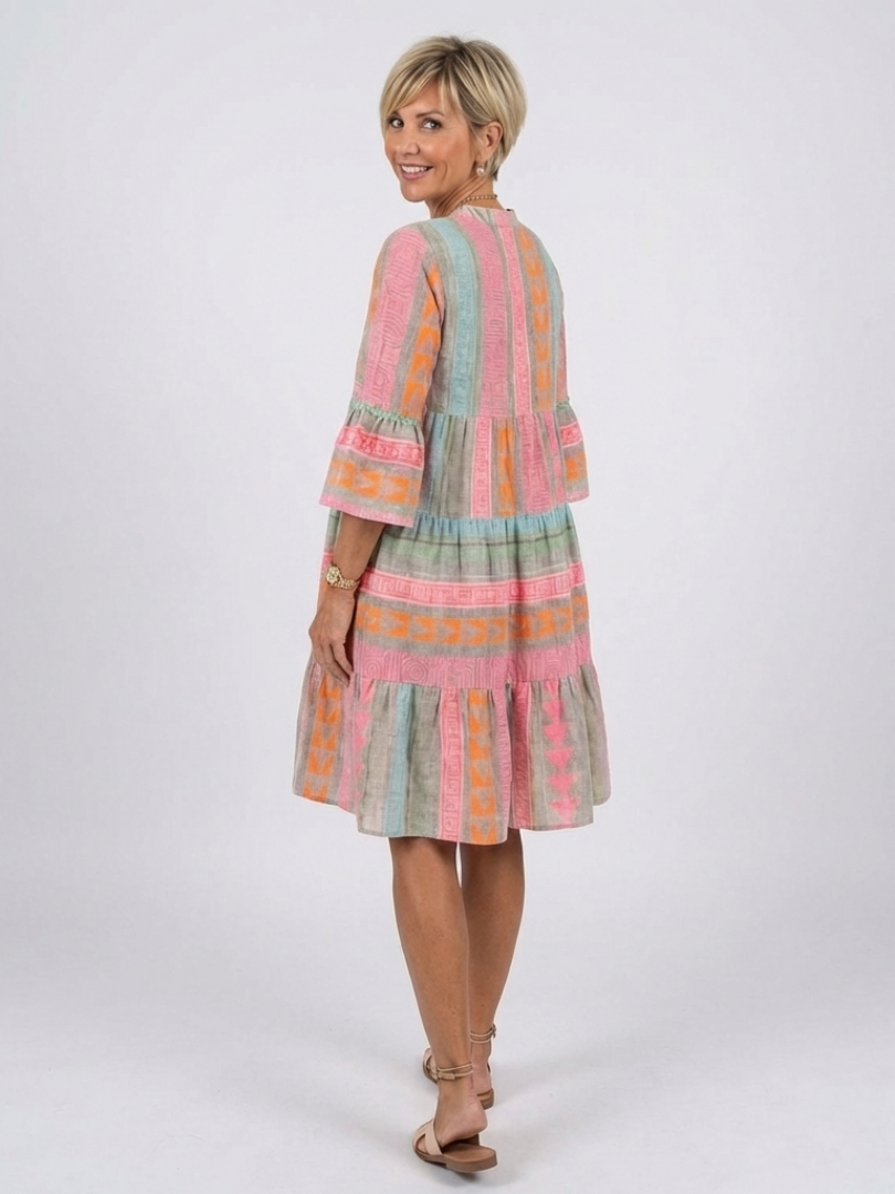 ALETTA | GEOMETRIC PRINT TIERED MINI DRESS - Pink and Sage Geometric