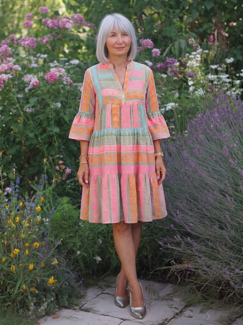 ALETTA | GEOMETRIC PRINT TIERED MINI DRESS - Pink and Sage Geometric