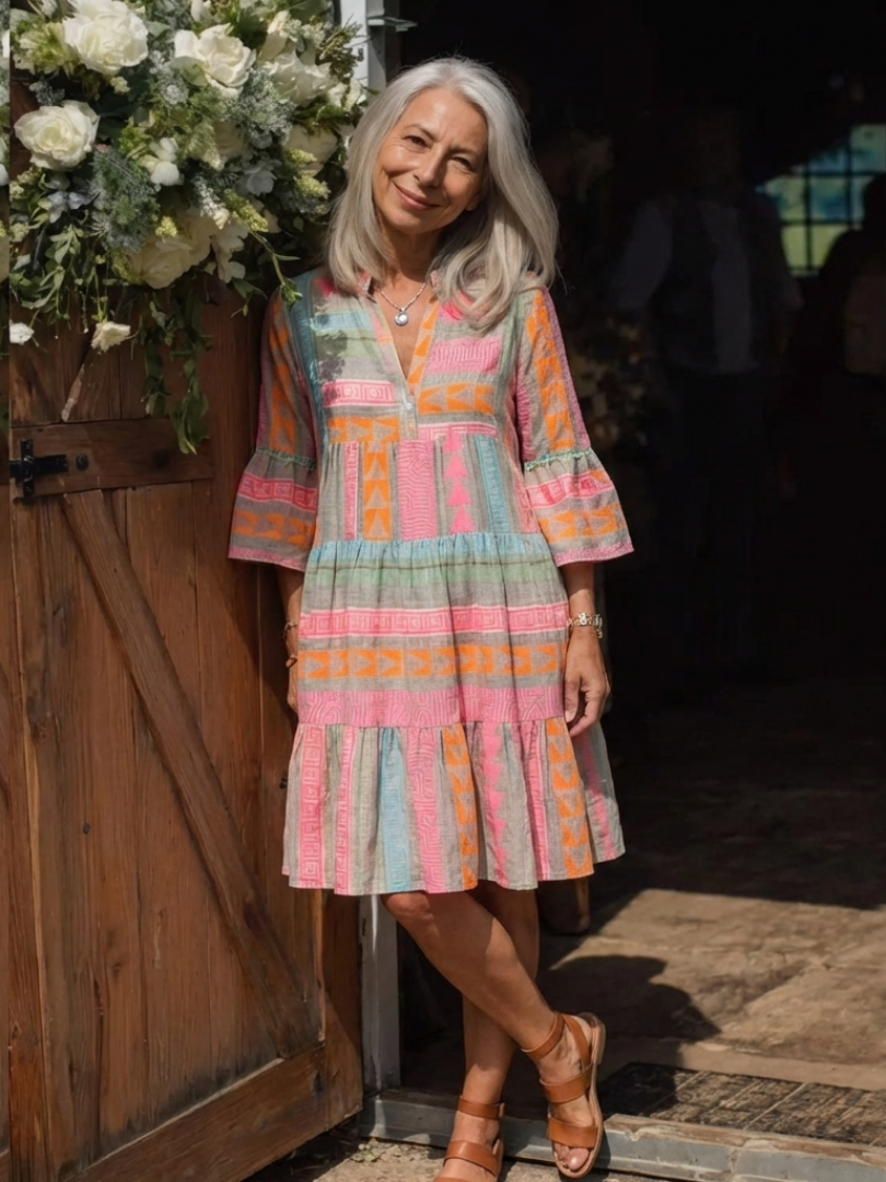 ALETTA | GEOMETRIC PRINT TIERED MINI DRESS - Pink and Sage Geometric
