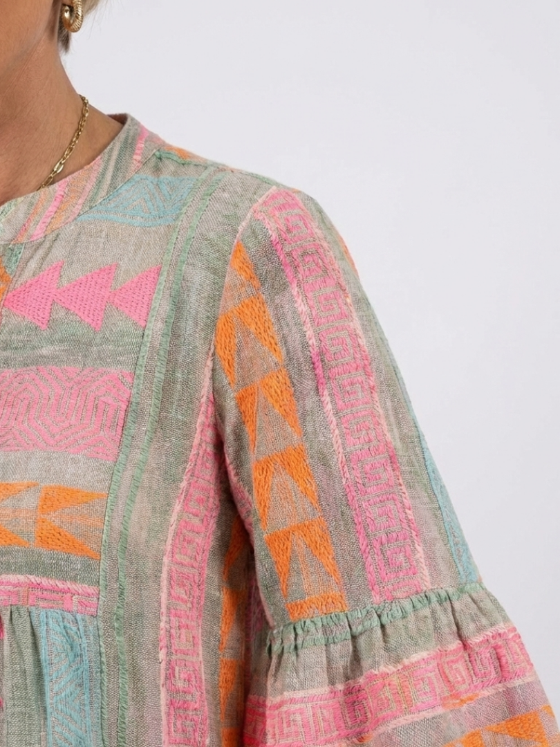 ALETTA | GEOMETRIC PRINT TIERED MINI DRESS - Pink and Sage Geometric