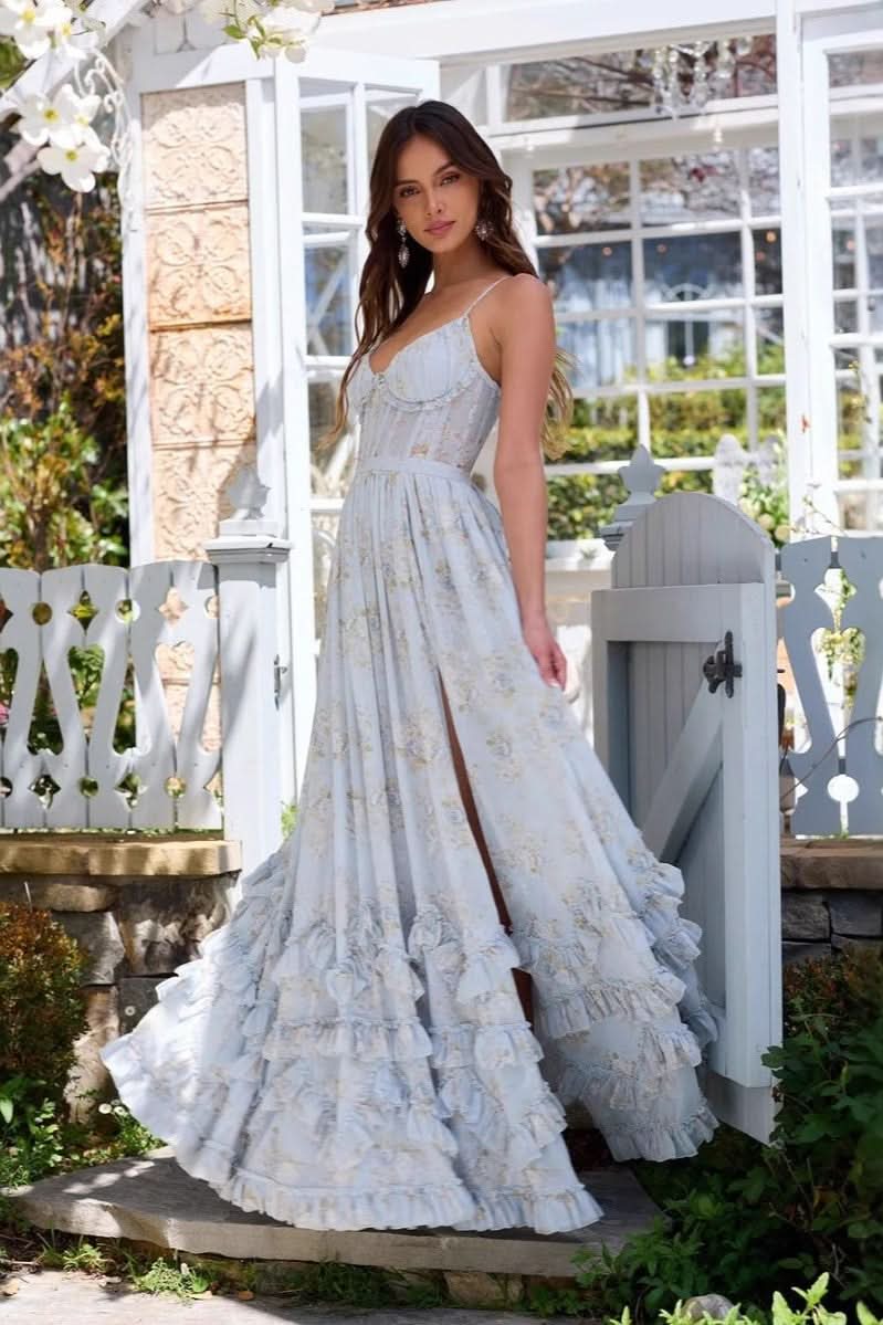 Light blue floral maxi dress with side slit and corset bodice for women
