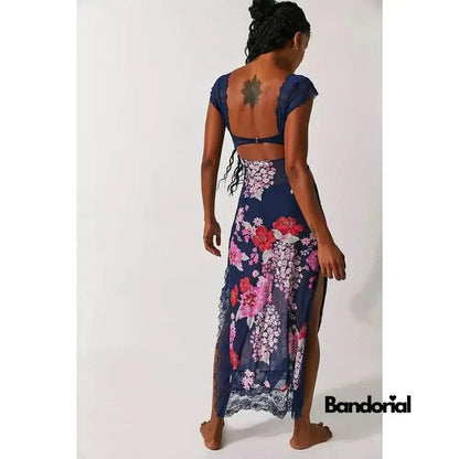 Navy maxi slip dress with pink and red floral lace back view