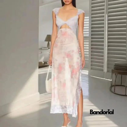 White lace maxi slip dress with soft pink floral watercolor print