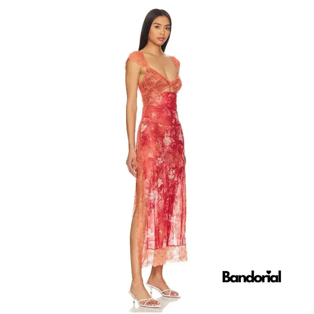 Coral lace maxi slip dress with cutout waist and floral pattern