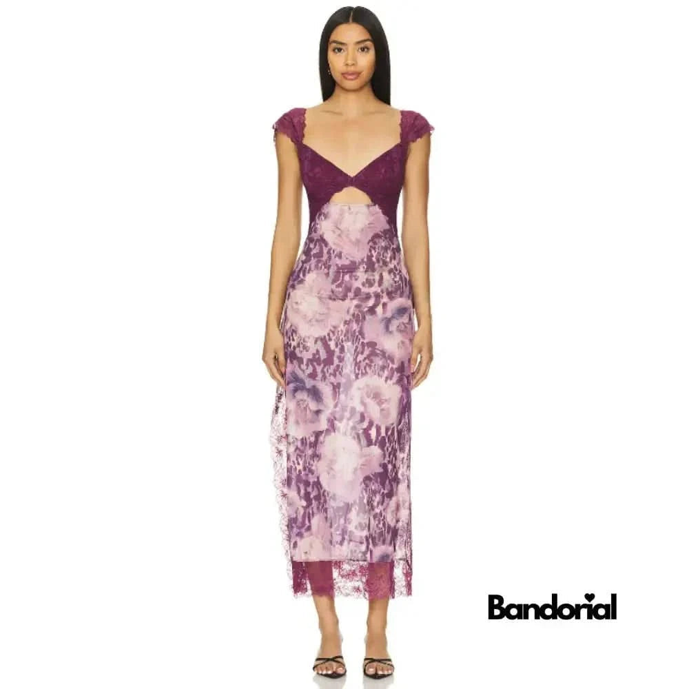 Burgundy lace maxi slip dress with purple and lavender floral design