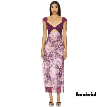 Burgundy lace maxi slip dress with purple and lavender floral design
