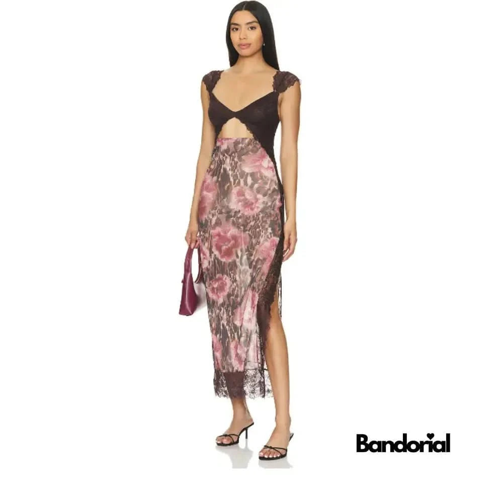 Black lace maxi slip dress with pink floral print and side slit