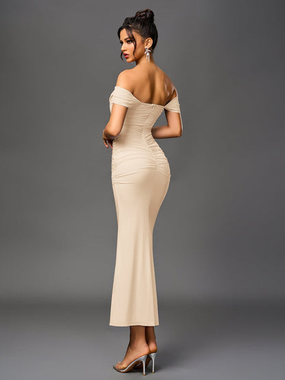 ALIDA | OFF SHOULDER MAXI DRESS - Beige