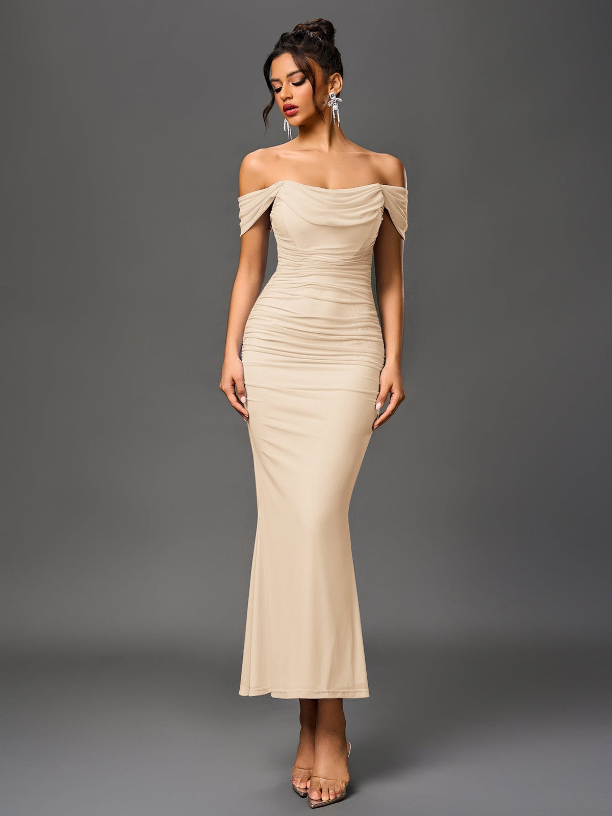 ALIDA | OFF SHOULDER MAXI DRESS - Beige