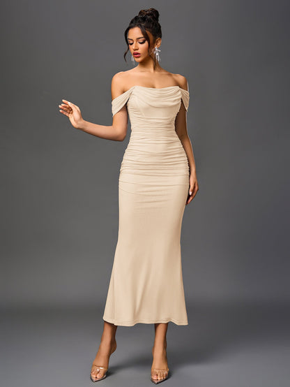 ALIDA | OFF SHOULDER MAXI DRESS - Beige