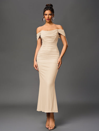 ALIDA | OFF SHOULDER MAXI DRESS - Beige