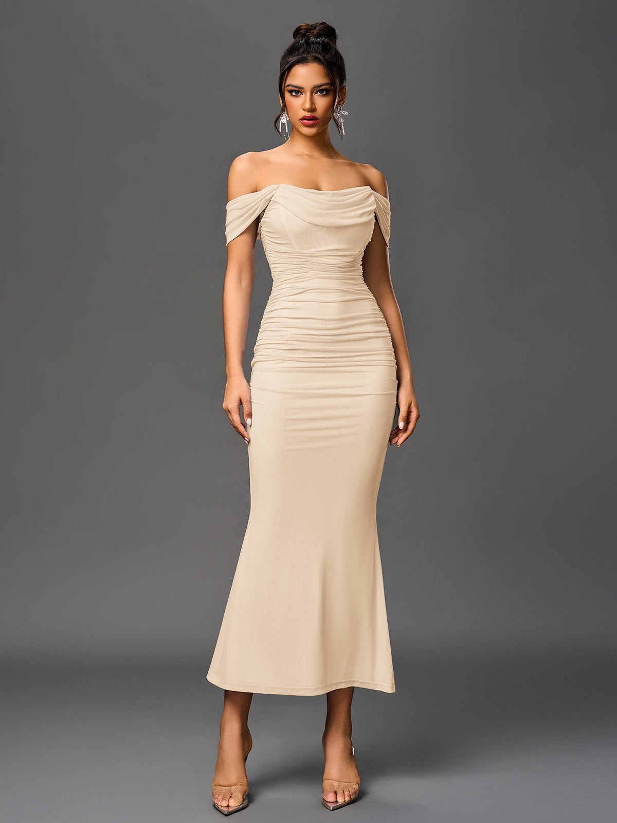 ALIDA | OFF SHOULDER MAXI DRESS - Beige