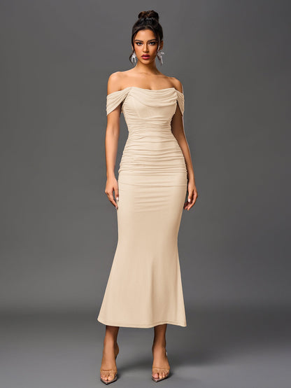 ALIDA | OFF SHOULDER MAXI DRESS - Beige