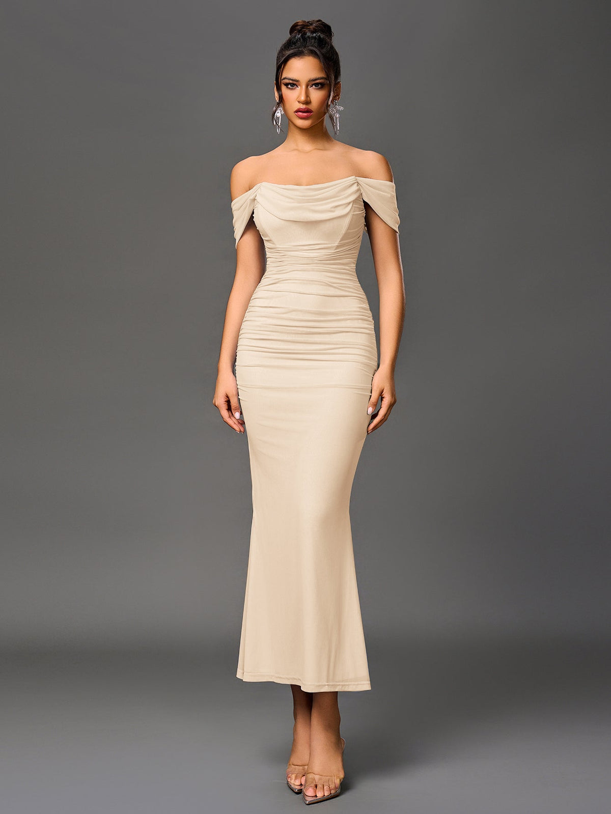 ALIDA | OFF SHOULDER MAXI DRESS - Beige