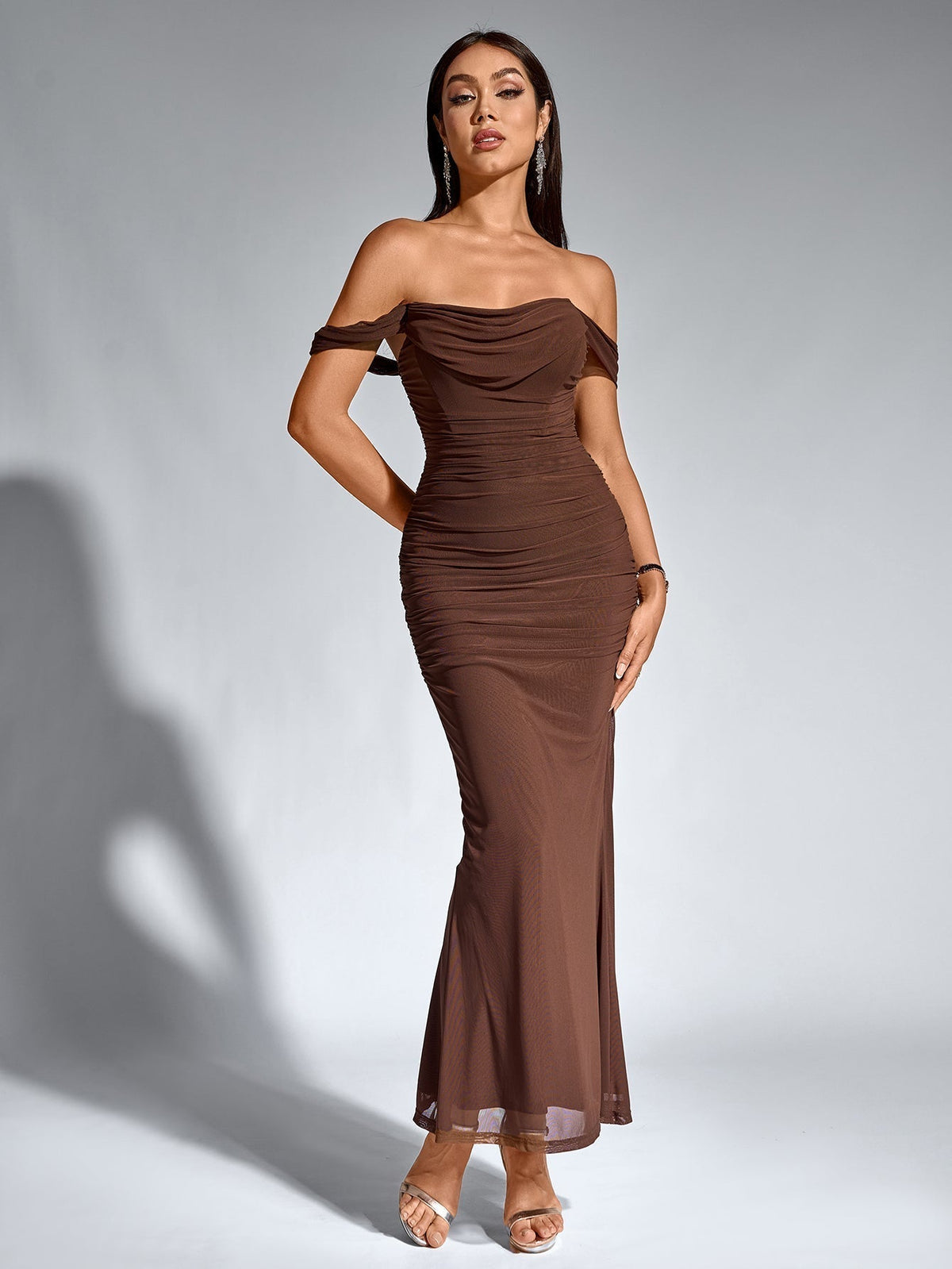ALIDA | OFF SHOULDER MAXI DRESS - Chocolate Brown