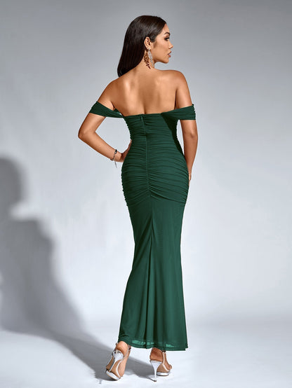ALIDA | OFF SHOULDER MAXI DRESS - Dark Green