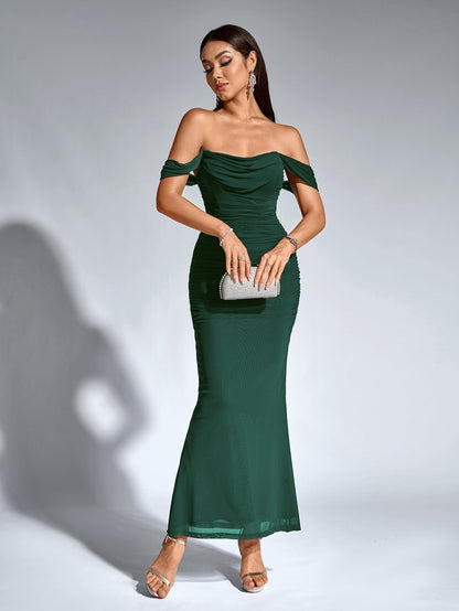 ALIDA | OFF SHOULDER MAXI DRESS - Dark Green