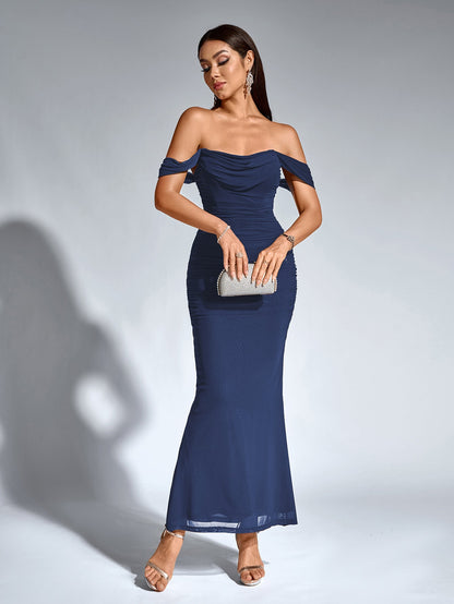 ALIDA | OFF SHOULDER MAXI DRESS - Navy