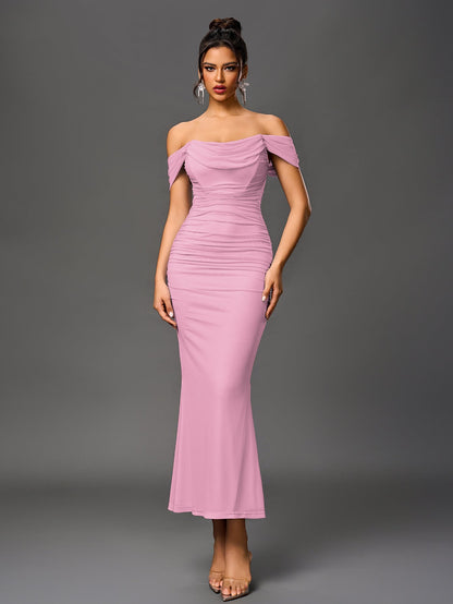 ALIDA | OFF SHOULDER MAXI DRESS - Pink
