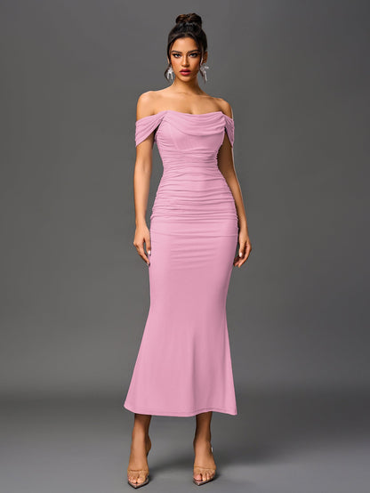 ALIDA | OFF SHOULDER MAXI DRESS - Pink