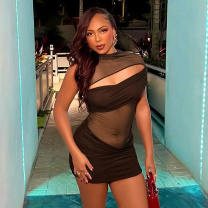 Black mini dress with mesh panels and diagonal cutout details