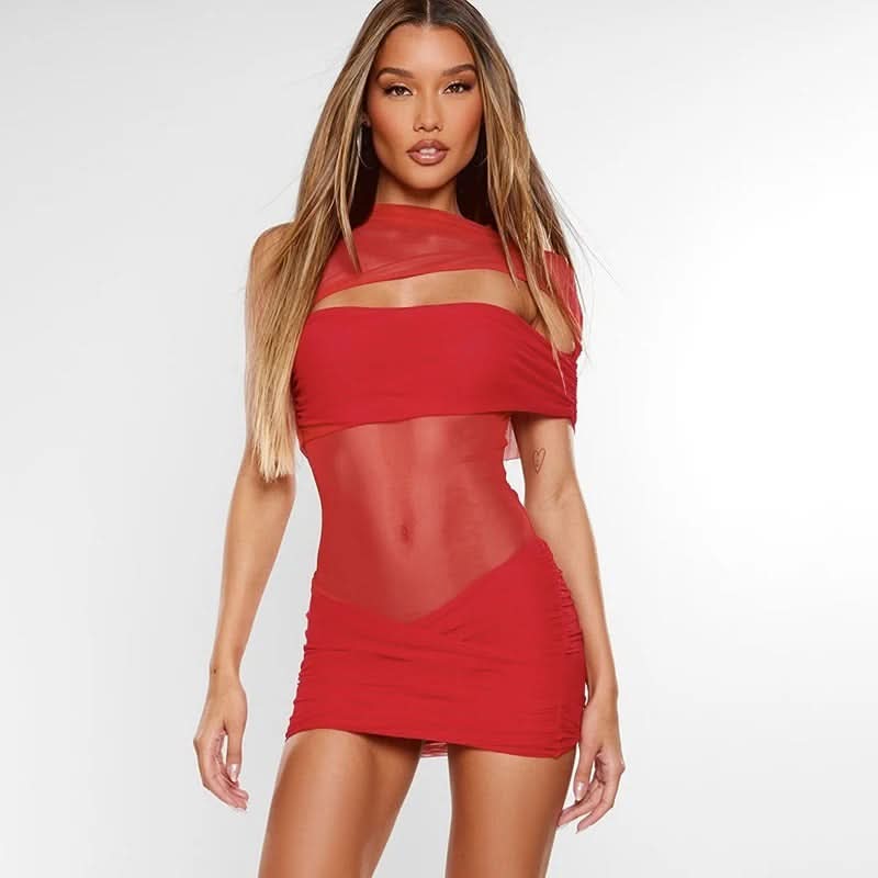 Red mini dress with high neckline and sheer mesh cutout panels